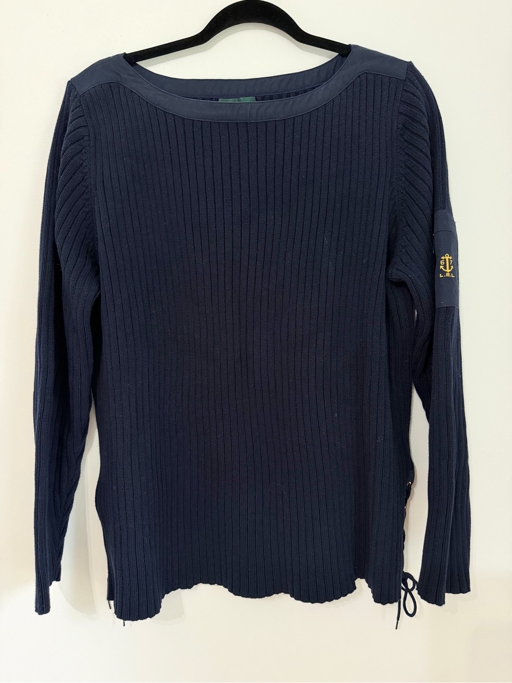 Ralph Lauren BLUE Nautical BOAT NECK Ribbed Cotton Sweater Anchor Pocket Size 1X